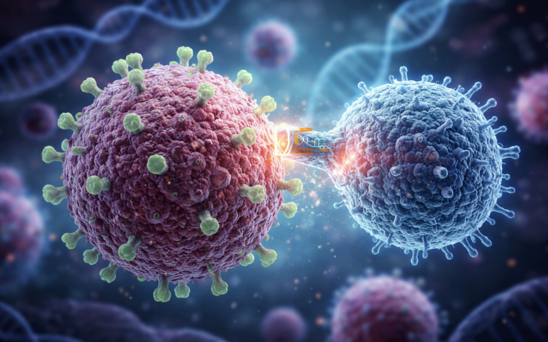 Representative image of CAR-NK therapy targeting acute myeloid leukemia, illustrating the AACR 2026 story on Precision Biologics’ newly presented AML antigen approach.