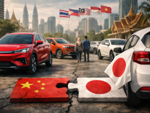 Representative image of Chinese and Japanese passenger vehicles in a Southeast Asian urban market, illustrating how BYD Co. Ltd., Chery Automobile Co. Ltd., and SAIC Motor Corp. Ltd. are challenging Japanese automaker dominance across the ASEAN light vehicle market amid rising electric vehicle and hybrid demand.