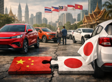 Representative image of Chinese and Japanese passenger vehicles in a Southeast Asian urban market, illustrating how BYD Co. Ltd., Chery Automobile Co. Ltd., and SAIC Motor Corp. Ltd. are challenging Japanese automaker dominance across the ASEAN light vehicle market amid rising electric vehicle and hybrid demand.