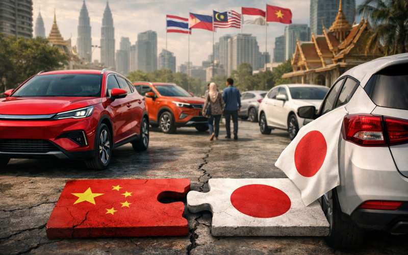 Representative image of Chinese and Japanese passenger vehicles in a Southeast Asian urban market, illustrating how BYD Co. Ltd., Chery Automobile Co. Ltd., and SAIC Motor Corp. Ltd. are challenging Japanese automaker dominance across the ASEAN light vehicle market amid rising electric vehicle and hybrid demand.