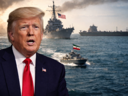 Representative image of United States President Donald Trump against a Strait of Hormuz shipping backdrop, illustrating the reported two-week suspension of Iran strikes as the Hormuz reopening deal takes effect.