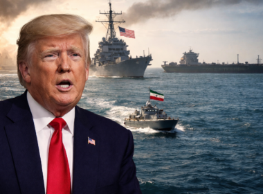 Representative image of United States President Donald Trump against a Strait of Hormuz shipping backdrop, illustrating the reported two-week suspension of Iran strikes as the Hormuz reopening deal takes effect.