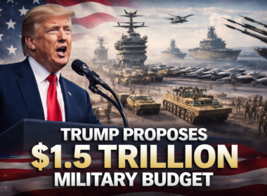 Representative image of United States President Donald Trump and military assets used to illustrate the story on the proposed $1.5 trillion fiscal 2027 United States defense budget, a plan positioned as the largest military budget in United States history.