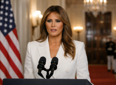 Representative image showing First Lady Melania Trump during a White House address tied to the latest Jeffrey Epstein controversy, denial statement, and calls for a formal congressional survivor hearing.