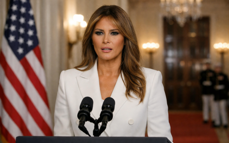 Representative image showing First Lady Melania Trump during a White House address tied to the latest Jeffrey Epstein controversy, denial statement, and calls for a formal congressional survivor hearing.