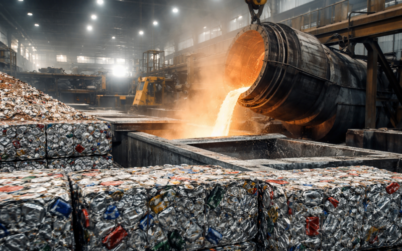 Representative image of an aluminum recycling and remelting facility in the United States, illustrating why Glencore plc’s South Carolina plant stake matters for domestic aluminum supply chains and recycled metal strategy.
