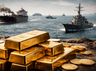 Representative image of gold bars and tanker traffic in the Strait of Hormuz, illustrating why gold prices climbed to a one-month high even as the waterway was declared completely open.