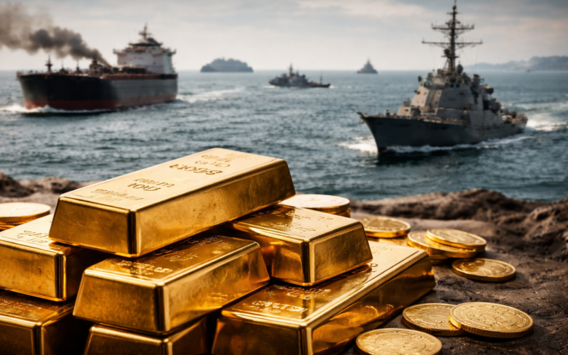 Representative image of gold bars and tanker traffic in the Strait of Hormuz, illustrating why gold prices climbed to a one-month high even as the waterway was declared completely open.