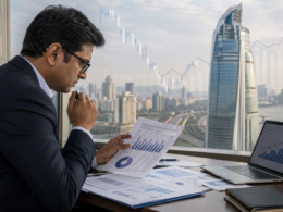 Representative image of an Indian financial analyst reviewing bank earnings data, reflecting IDFC First Bank’s Q4FY26 profit recovery, fraud-related charge, and investor focus on normalised profit growth.