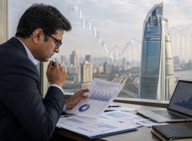Representative image of an Indian financial analyst reviewing bank earnings data, reflecting IDFC First Bank’s Q4FY26 profit recovery, fraud-related charge, and investor focus on normalised profit growth.