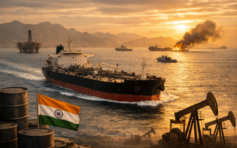 Representative image of an oil tanker and offshore energy infrastructure used for Business News Today’s report on India resuming Iranian crude oil purchases as the Strait of Hormuz crisis reshapes South Asian energy supply.