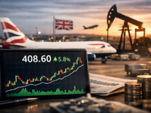 Representative image of an International Airlines Group aircraft and market screen, reflecting investor focus on the British Airways owner’s 408p rebound, easing oil prices, and whether the IAG share price recovery can hold ahead of Q1 2026 results.