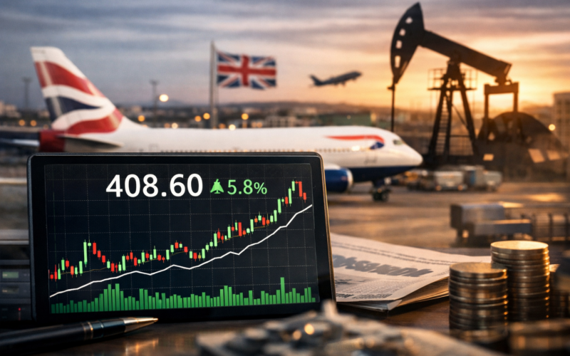 Representative image of an International Airlines Group aircraft and market screen, reflecting investor focus on the British Airways owner’s 408p rebound, easing oil prices, and whether the IAG share price recovery can hold ahead of Q1 2026 results.