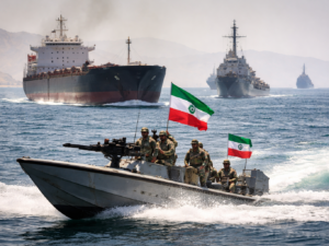 Representative image of military and commercial vessels near the Strait of Hormuz, illustrating Iran’s renewed control measures after reversing its brief claim that the waterway was fully open to commercial shipping.