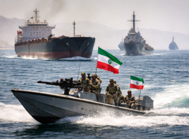 Representative image of military and commercial vessels near the Strait of Hormuz, illustrating Iran’s renewed control measures after reversing its brief claim that the waterway was fully open to commercial shipping.