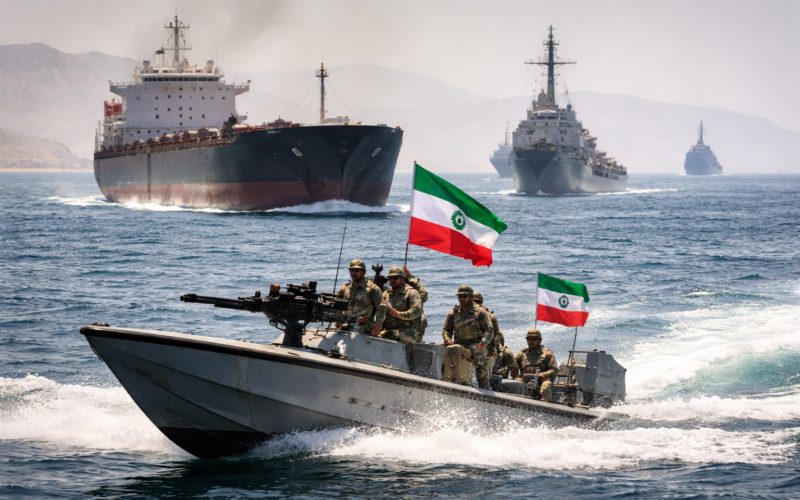Representative image of military and commercial vessels near the Strait of Hormuz, illustrating Iran’s renewed control measures after reversing its brief claim that the waterway was fully open to commercial shipping.