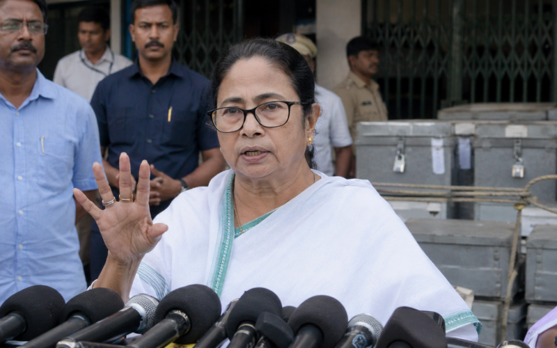 Representative image of a West Bengal election press briefing as Mamata Banerjee questions exit poll neutrality and urges Trinamool Congress workers to stay alert ahead of counting day.