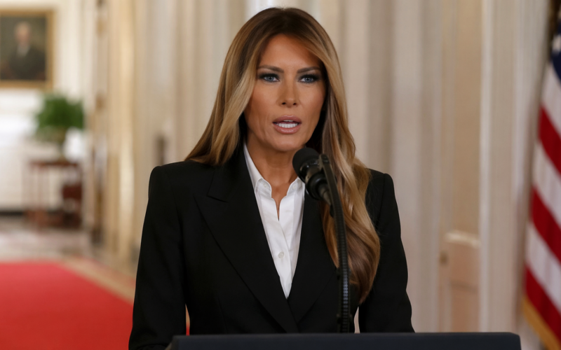 Representative image of a White House press statement scene, reflecting the closely watched moment after Melania Trump publicly denied Jeffrey Epstein links and called for a congressional hearing for survivors.