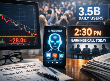 Meta Platforms stock image showing artificial intelligence, digital advertising, and earnings chart themes ahead of the company’s Q1 2026 results on April 29. Representative image.