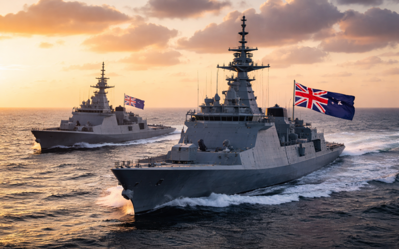 Representative image of naval frigates at sea, illustrating Australia and Japan’s A$10 billion warship deal as Mitsubishi Heavy Industries advances the Mogami-class program.
