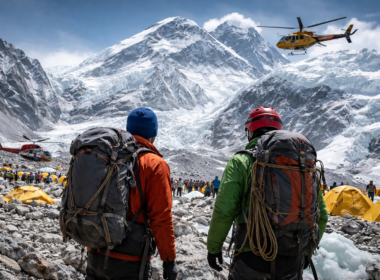 Representative image of Mount Everest Base Camp and helicopter rescue activity, used to illustrate the Nepal Everest insurance fraud case in which guides and operators were accused of staging medical evacuations.