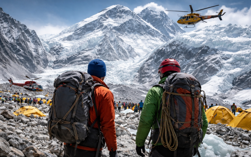 Representative image of Mount Everest Base Camp and helicopter rescue activity, used to illustrate the Nepal Everest insurance fraud case in which guides and operators were accused of staging medical evacuations.