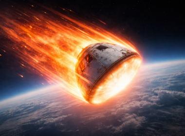 Representative image of NASA’s Orion spacecraft during atmospheric reentry, illustrating why the Artemis II crew is expected to lose communication with mission control during the plasma blackout phase before splashdown.