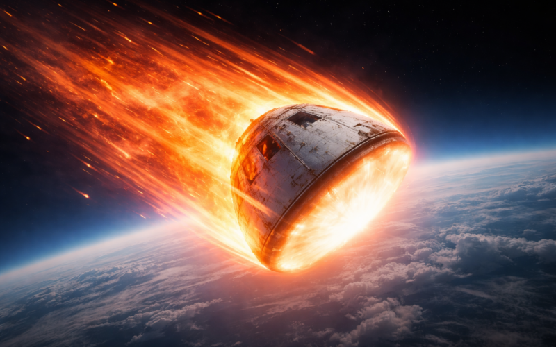 Representative image of NASA’s Orion spacecraft during atmospheric reentry, illustrating why the Artemis II crew is expected to lose communication with mission control during the plasma blackout phase before splashdown.