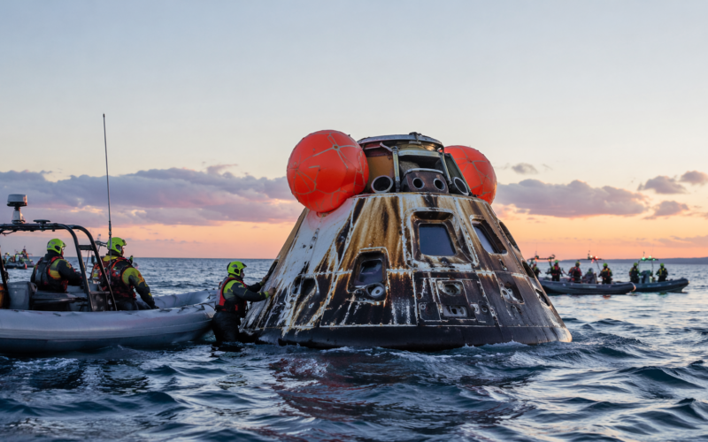 Representative image of NASA’s Orion spacecraft splashdown recovery after the Artemis II mission, as the crew returned safely following the first crewed lunar flyby since 1972.
