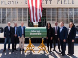 From left, the photo shows U.S. Secretary of Energy Chris Wright, Williams President and Chief Executive Officer Chad Zamarin, Environmental Protection Agency Administrator Lee Zeldin, Federal Energy Regulatory Commission Chairman Laura Swett, Brooklyn Board of Business Agents and New York City Building Trades President Anthony DeBlasie, U.S. Secretary of the Interior Doug Burgum, and National Grid New York President Sally Librera at the Northeast Supply Enhancement project groundbreaking ceremony.
