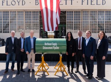 From left, the photo shows U.S. Secretary of Energy Chris Wright, Williams President and Chief Executive Officer Chad Zamarin, Environmental Protection Agency Administrator Lee Zeldin, Federal Energy Regulatory Commission Chairman Laura Swett, Brooklyn Board of Business Agents and New York City Building Trades President Anthony DeBlasie, U.S. Secretary of the Interior Doug Burgum, and National Grid New York President Sally Librera at the Northeast Supply Enhancement project groundbreaking ceremony.