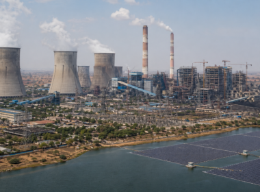 Representative image of a large thermal power station with floating solar panels, reflecting how NTPC Ramagundam Super Thermal Power Station is balancing baseload coal power, renewable integration and new supercritical expansion in southern India.
