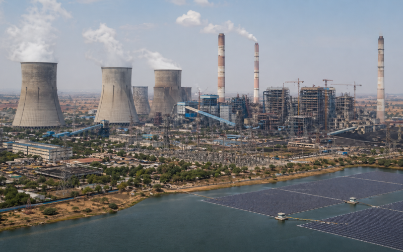 Representative image of a large thermal power station with floating solar panels, reflecting how NTPC Ramagundam Super Thermal Power Station is balancing baseload coal power, renewable integration and new supercritical expansion in southern India.