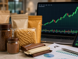 Representative image of packaged consumer goods and a rising market chart, illustrating why Nestle India Limited shares hit a fresh 52-week high after record Q4 FY26 domestic sales and renewed retail investor interest.