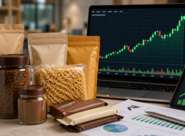 Representative image of packaged consumer goods and a rising market chart, illustrating why Nestle India Limited shares hit a fresh 52-week high after record Q4 FY26 domestic sales and renewed retail investor interest.