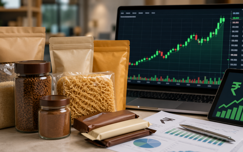 Representative image of packaged consumer goods and a rising market chart, illustrating why Nestle India Limited shares hit a fresh 52-week high after record Q4 FY26 domestic sales and renewed retail investor interest.