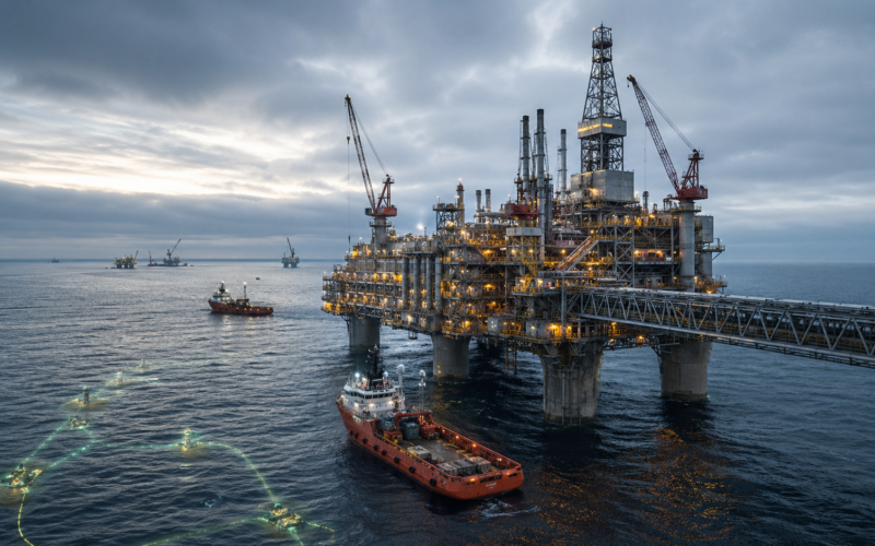 Representative image of a North Sea offshore oil and gas platform, highlighting OKEA ASA’s first-quarter 2026 profit rebound, Statfjord impairment reversal, Brage production momentum, Mistral licence divestment, and capital focus on Bestla and Power from Shore.