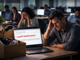 Representative image of employees reacting to early-morning layoff emails, illustrating the shock around the Oracle layoffs 2026 story as Oracle Corporation cuts jobs while scaling artificial intelligence data centre spending.