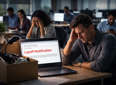 Representative image of employees reacting to early-morning layoff emails, illustrating the shock around the Oracle layoffs 2026 story as Oracle Corporation cuts jobs while scaling artificial intelligence data centre spending.