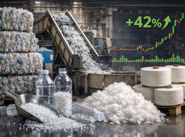 Representative image of a PET recycling facility and recycled polyester output, illustrating why Ganesha Ecosphere stock surged after India’s 40% recycled PET mandate took effect on April 1, 2026.