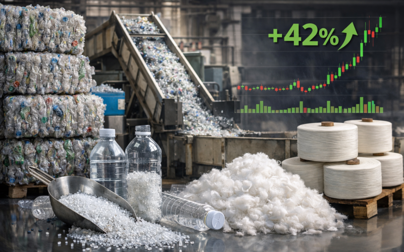 Representative image of a PET recycling facility and recycled polyester output, illustrating why Ganesha Ecosphere stock surged after India’s 40% recycled PET mandate took effect on April 1, 2026.