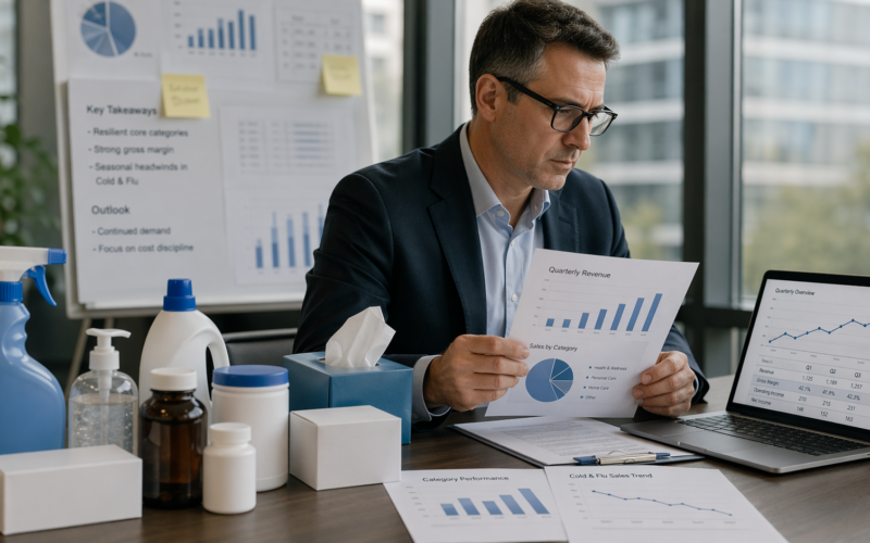 Representative image of a quarterly earnings review setup with consumer health and household products, reflecting investor focus on Reckitt Benckiser Group PLC’s Q1 2026 revenue growth, cold and flu weakness, and full-year outlook.