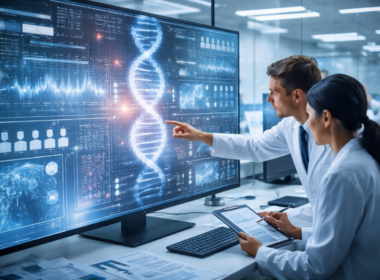 Representative image of researchers analyzing genomic and electronic health record data as Regeneron Pharmaceuticals and TriNetX deepen their healthcare data and AI-driven drug discovery collaboration.