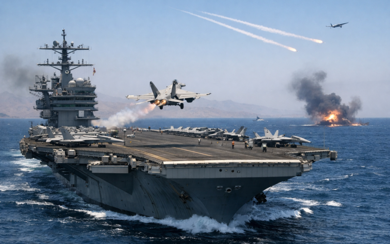 Representative image of a United States Navy aircraft carrier conducting combat flight operations at sea, illustrating the continuing focus on USS Abraham Lincoln sortie activity as Iran repeats unverified strike claims during Operation Epic Fury.
