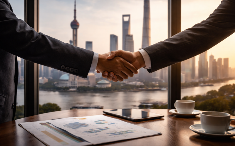 Representative image of a business partnership meeting in China, illustrating Starbucks Coffee Company’s joint venture with Boyu Capital as Starbucks pursues long-term China expansion and a new licensed growth model.