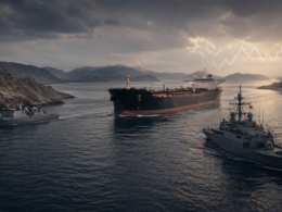 Representative image of an oil tanker moving through a tense strategic waterway as naval vessels patrol nearby, reflecting how the Strait of Hormuz blockade has intensified global energy supply fears and pushed Brent crude and West Texas Intermediate prices sharply higher.