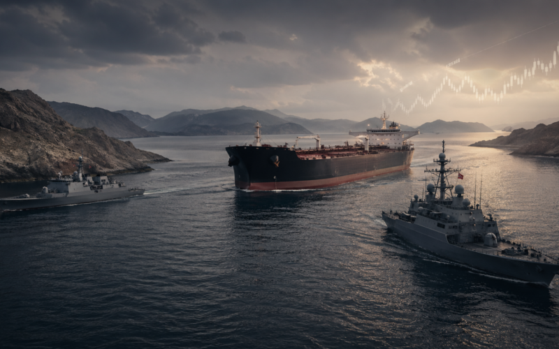 Representative image of an oil tanker moving through a tense strategic waterway as naval vessels patrol nearby, reflecting how the Strait of Hormuz blockade has intensified global energy supply fears and pushed Brent crude and West Texas Intermediate prices sharply higher.
