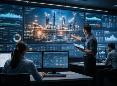 Representative image of an energy operations control room, illustrating how SymphonyAI’s new industrial AI applications could help improve asset reliability, refinery performance, pipeline monitoring, and emissions compliance.