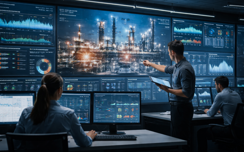 Representative image of an energy operations control room, illustrating how SymphonyAI’s new industrial AI applications could help improve asset reliability, refinery performance, pipeline monitoring, and emissions compliance.