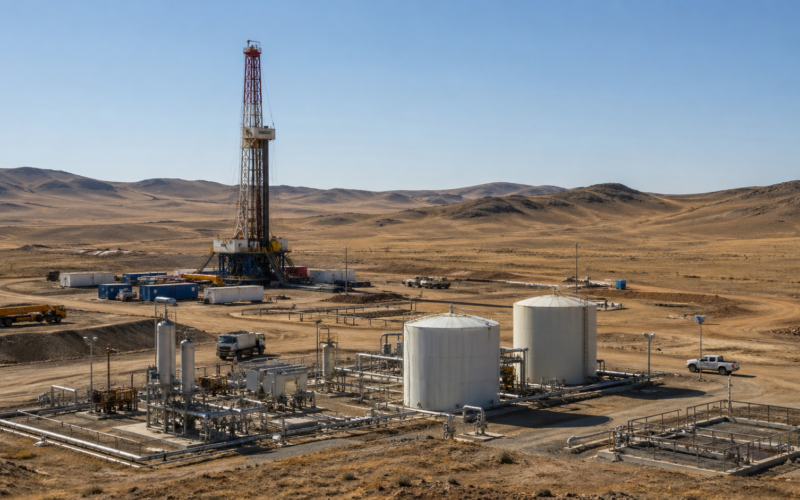 Representative image of a gas development site in an arid steppe landscape, illustrating Jade Gas Holdings Limited’s push to advance the TTCBM Project toward Mongolia’s first major domestic gas production operation.